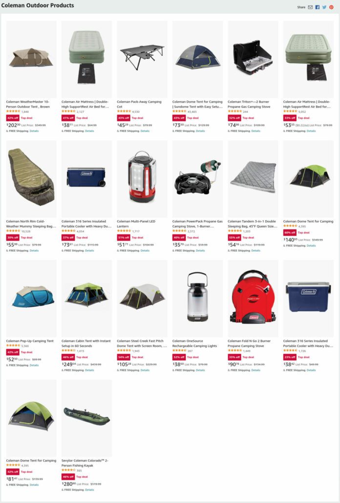 A screenshot of Amazon's deals on Coleman camping gear.