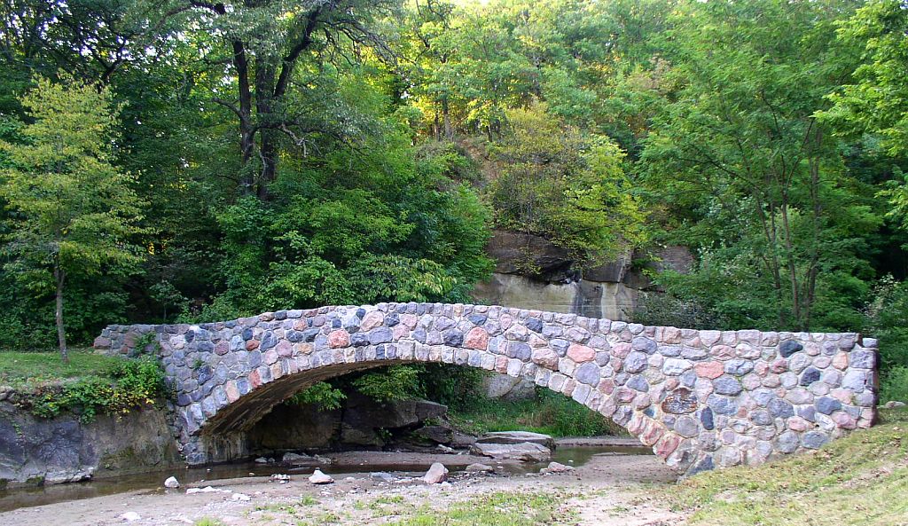 A photograph of the stone bridge located inside of Ledges State Park in Boone County, Iowa.