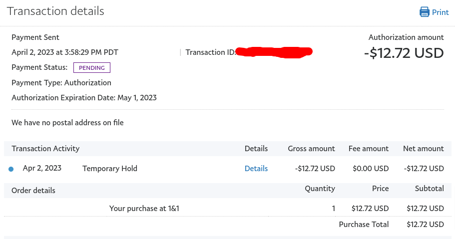"Paypal transaction details" - screenshot of the Paypal transaction details page showing the payment made to IONOS web hosting for their 1-year hosting plan, which was not delivered as promised.