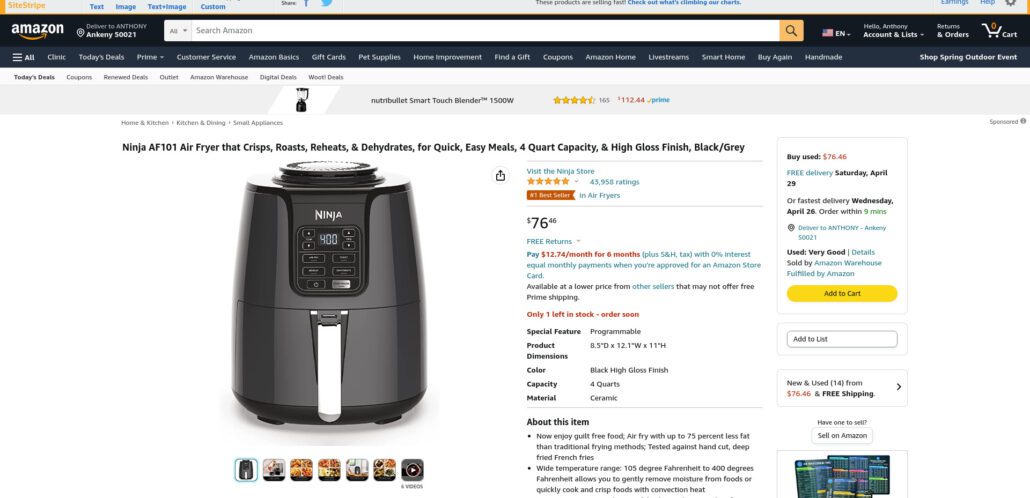 A screenshot of a product listing on Amazon Warehouse Deals.