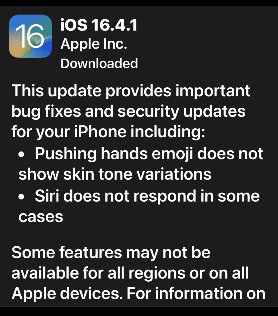 "Screenshot of iOS 16.4.1 software update prompt on an iPhone screen." The prompt displays the "Download and Install" button with information about the new update.