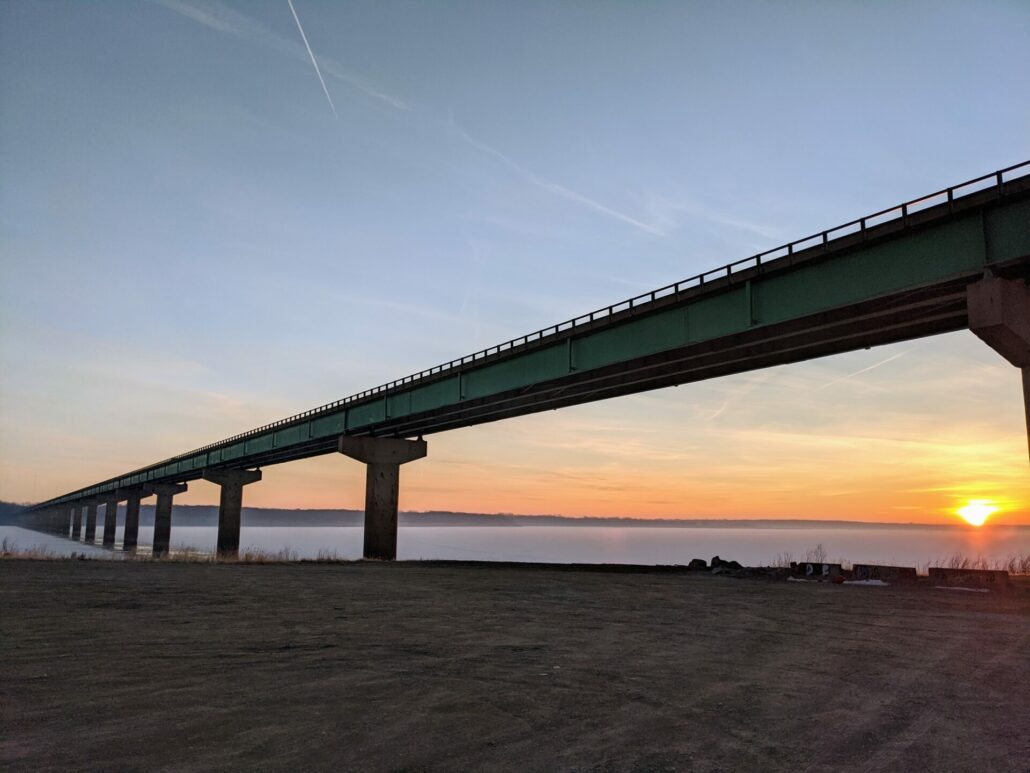 A stunning sunset at Saylorville Lake with the Mile-Long Bridge as the focus point.