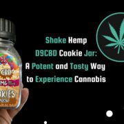 A hand holding the Shake Hemp D9CBD Cookie Jar, a black jar with a teal and white label that reads 'Shake Hemp D9CBD Cookie Jar - A Potent and Tasty Way to Experience Cannabis'.