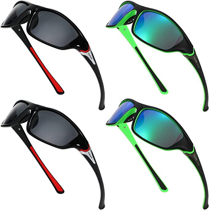 Four pairs of TOODOO polarized sunglasses in black/red and black/green color options on a white background