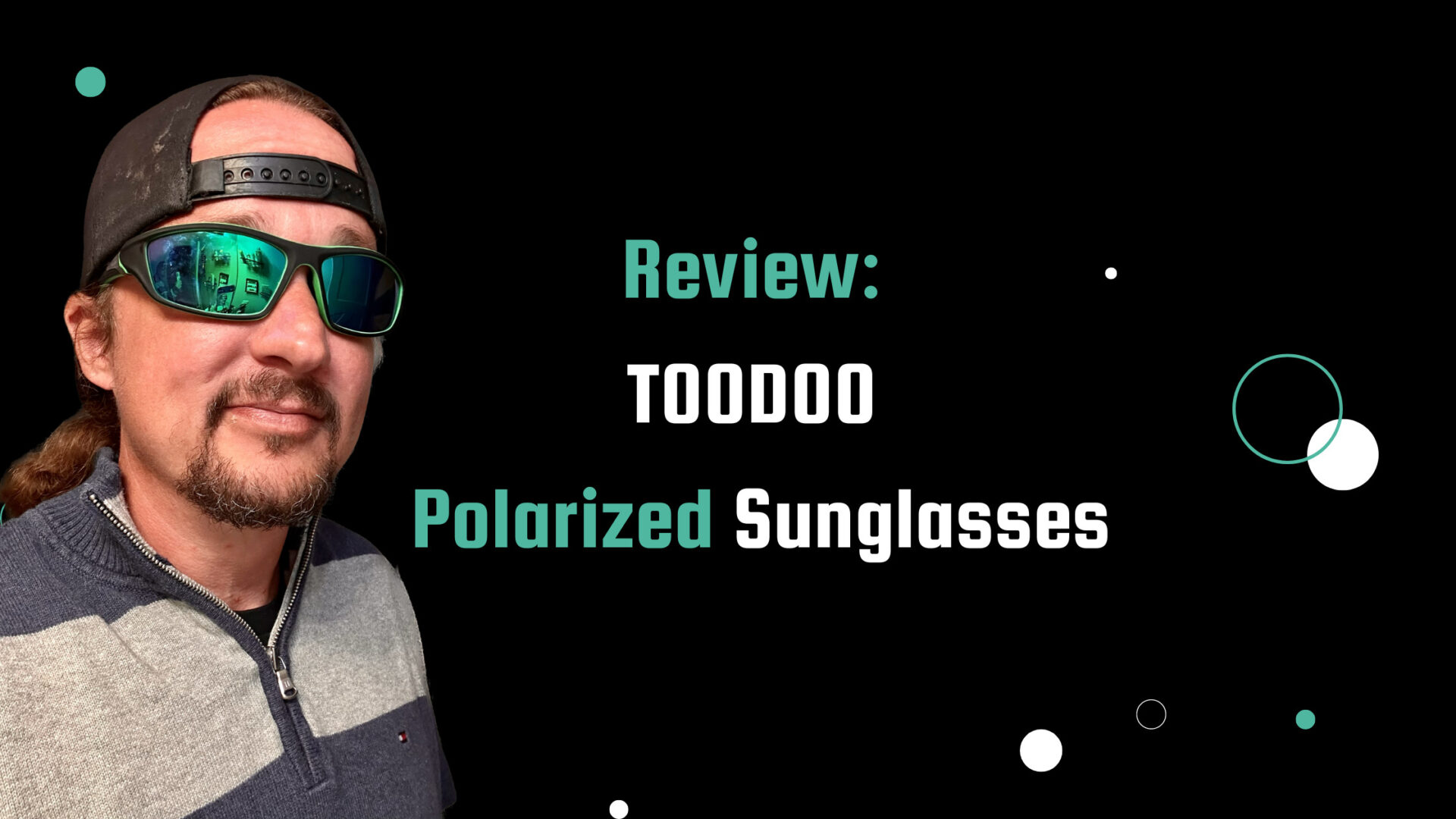 A smiling Tony wearing TOODOO polarized sunglasses, posing against a black background with the post title "Review: TOODOO Polarized Sunglasses - A Budget-Friendly Option for Outdoor Activities" written in teal and white font.