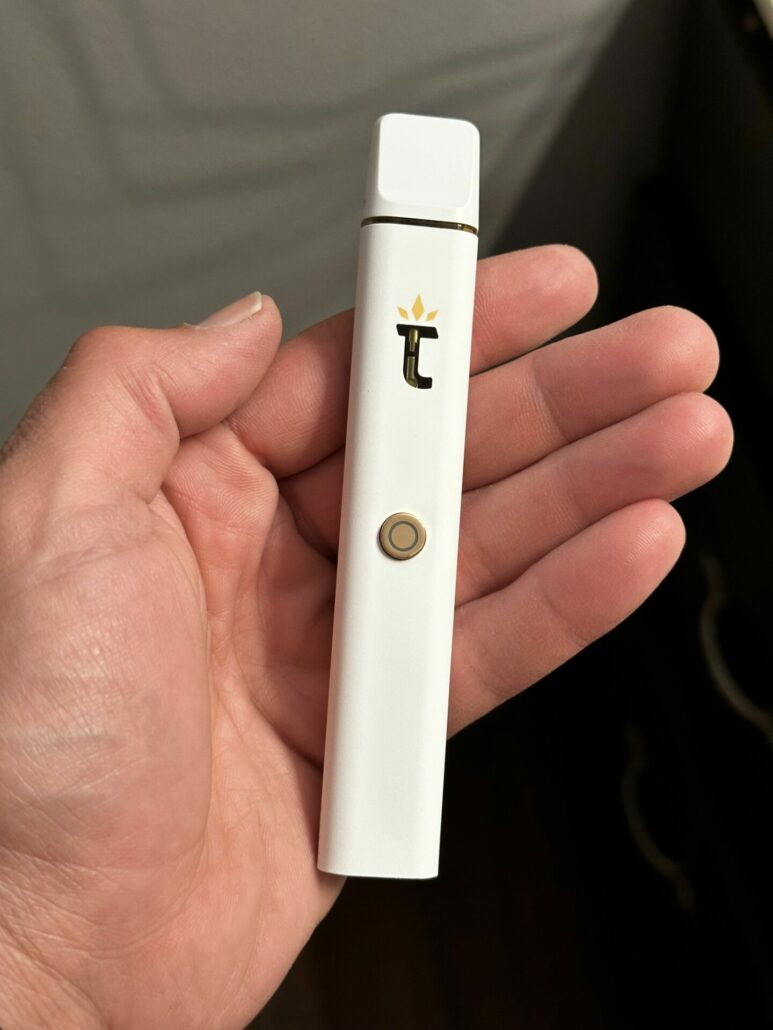 A close-up photo of the Torch Burnout Blend Disposable device, showing its matte white finish with a clear plastic "T" window on the front and built-in mouthpiece.