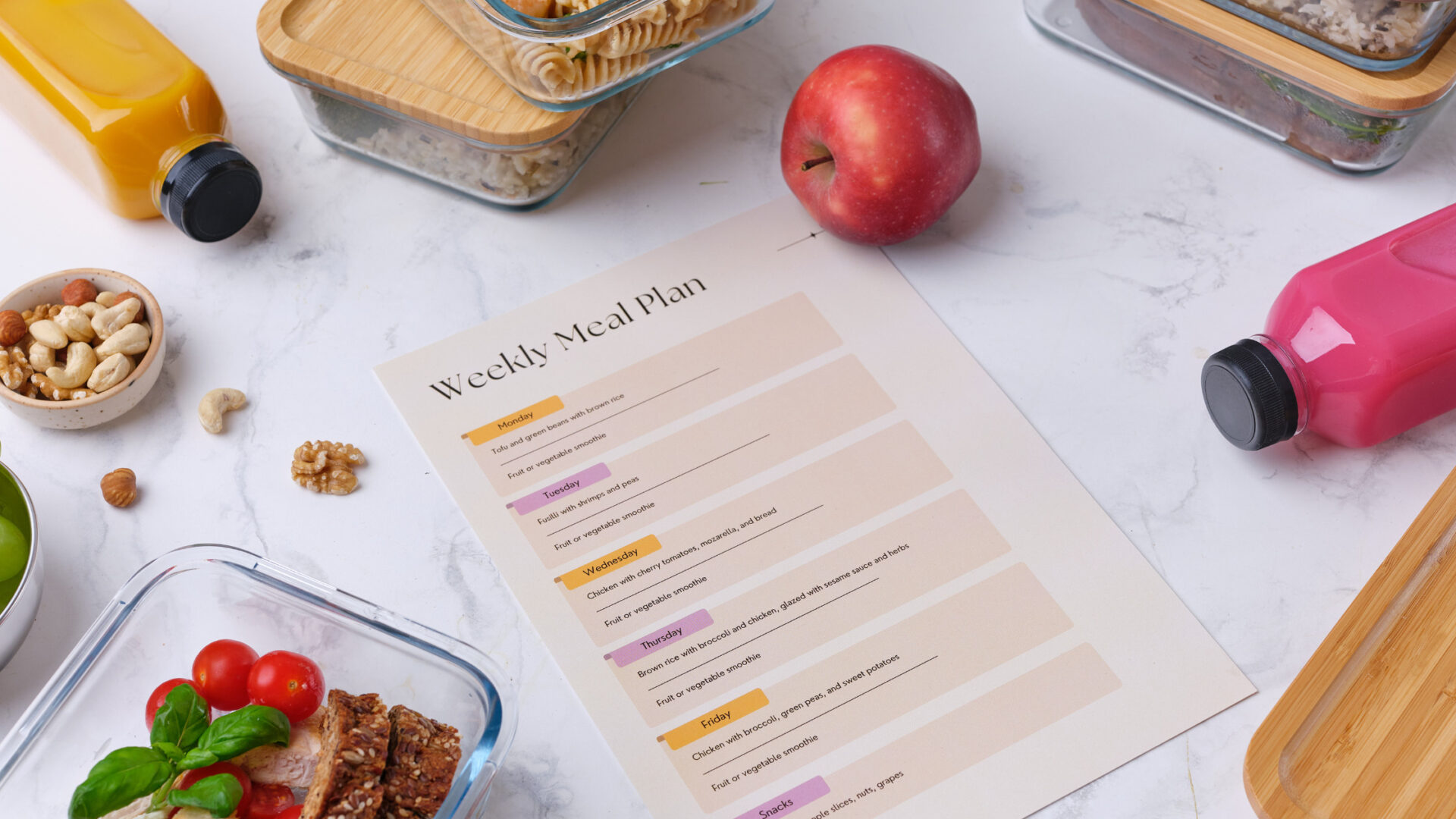 Banner image for the post, The Power of Meal Planning: Boost Your Health, Save Time, and Simplify Your Life" featuring a weekly meal plan and various foods in a kitchen setting.