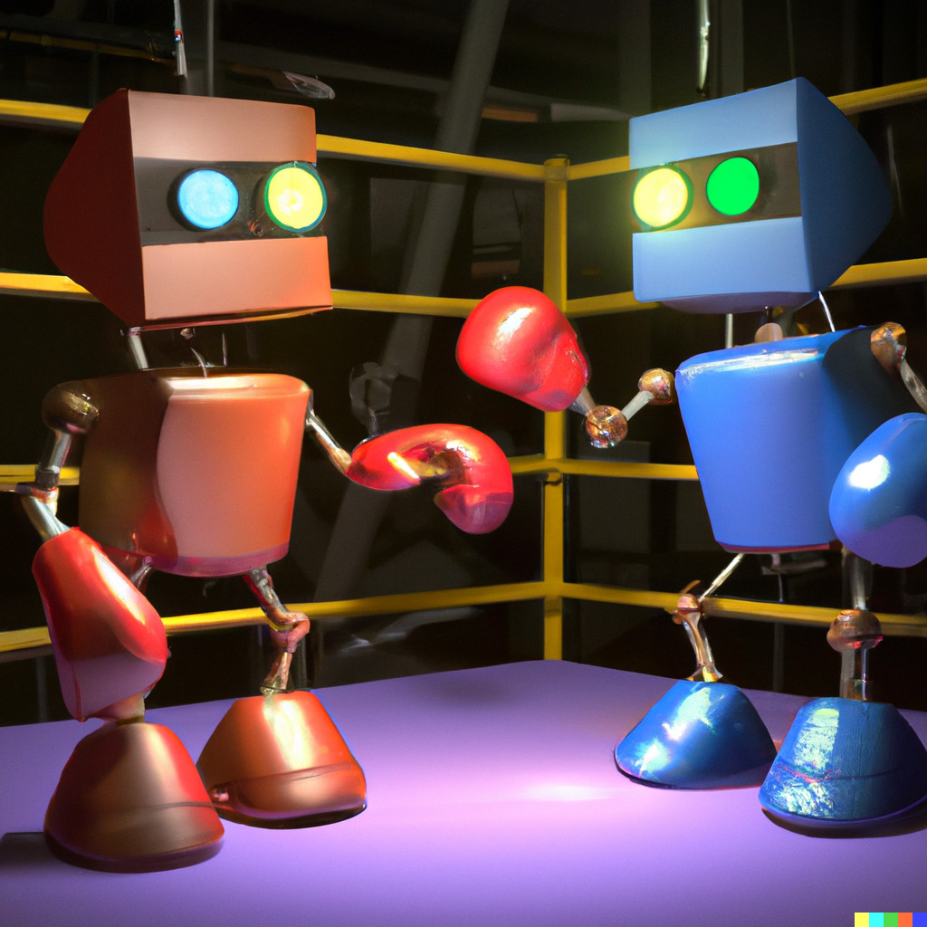 An AI-generated image of two robots in a boxing ring to symbolize a hypothetical fight between Google Bard and ChatGPT.